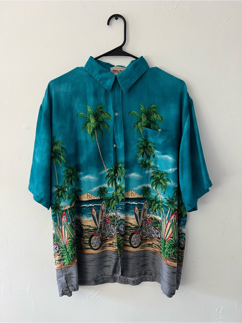 Men's Teal Hawaiian vintage Button-Down Shirt with Palm & Motorcycle Print